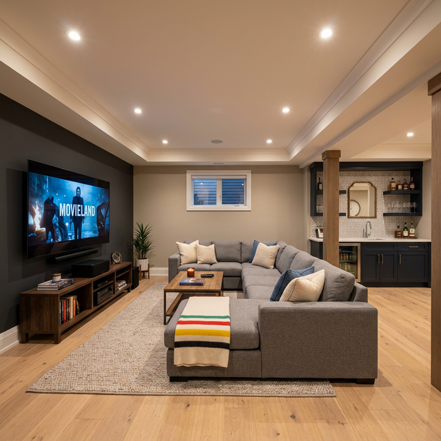 Finished basement with home theatre, sectional sofa, and wet bar area