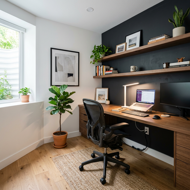 Finished basement home office with built-in desk, floating shelves, and accent wall