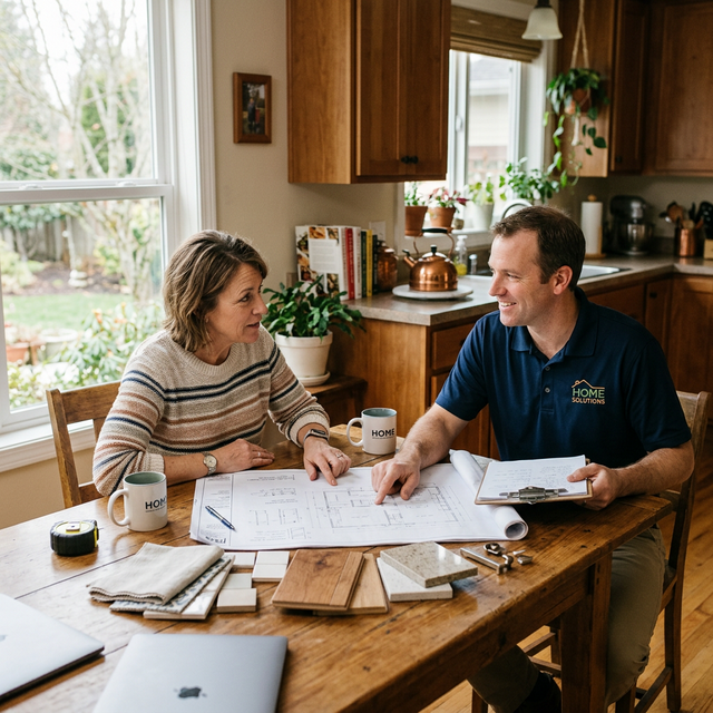 Renovation contractor consulting with a homeowner over floor plans and material samples