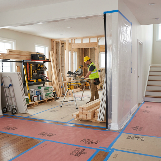 Well-managed renovation job site with dust barriers, floor protection, and organized materials