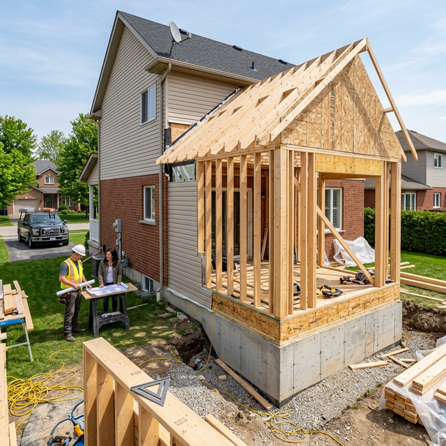 Home addition being built onto a suburban house with new framing and foundation