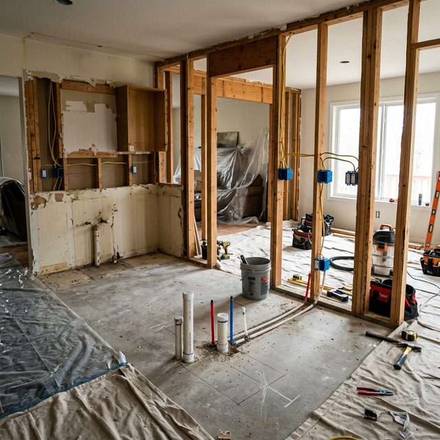 Kitchen renovation mid-construction showing wall removal, framing, and plumbing rough-in