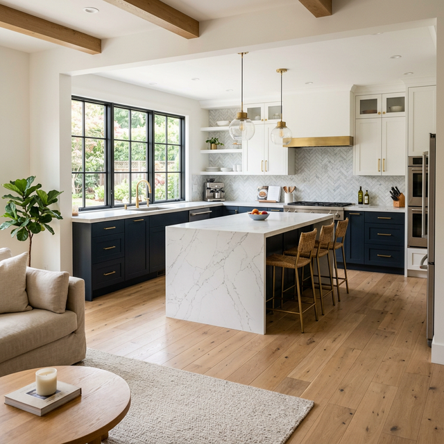 Open-concept kitchen renovation with navy lower cabinets, waterfall quartz island, and herringbone backsplash