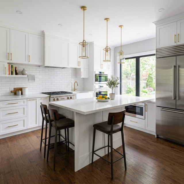 Completed modern kitchen renovation with white shaker cabinets, quartz island, and pendant lighting