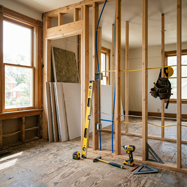 Home renovation in progress showing exposed framing, electrical rough-in, and construction tools