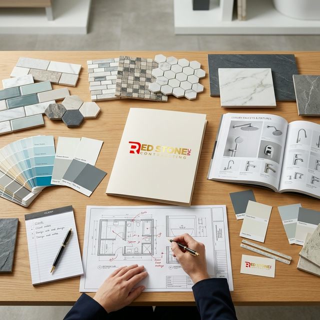 Bathroom renovation design consultation with Red Stone Contracting branding
