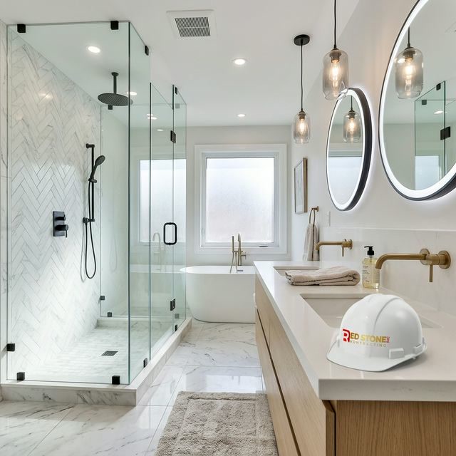 Luxurious newly renovated bathroom in Toronto with marble tiles and rainfall shower
