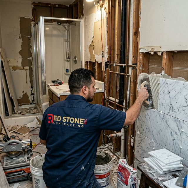 Red Stone Contracting worker installing marble tile during bathroom renovation