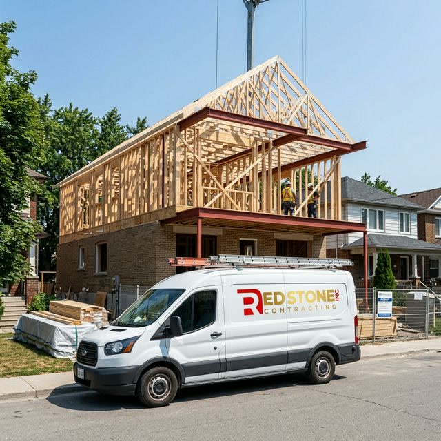 Second storey addition being framed on a Toronto bungalow with Red Stone Contracting van
