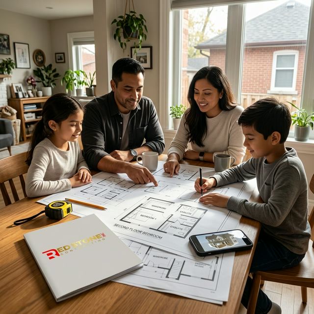 Toronto family reviewing second storey addition plans with Red Stone Contracting