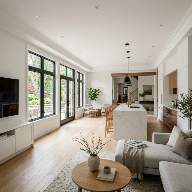 Interior of a completed home addition showing open-concept kitchen and family room