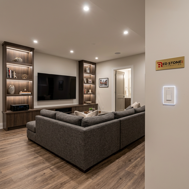 Beautifully finished basement entertainment room by Red Stone Contracting