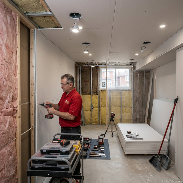 Red Stone Contracting worker installing drywall during Toronto basement finishing