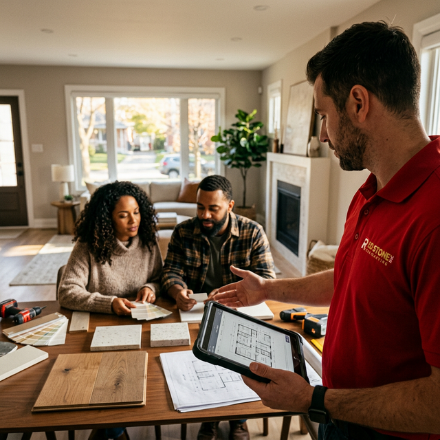 Red Stone Contracting consultant reviewing renovation plans with Toronto homeowners