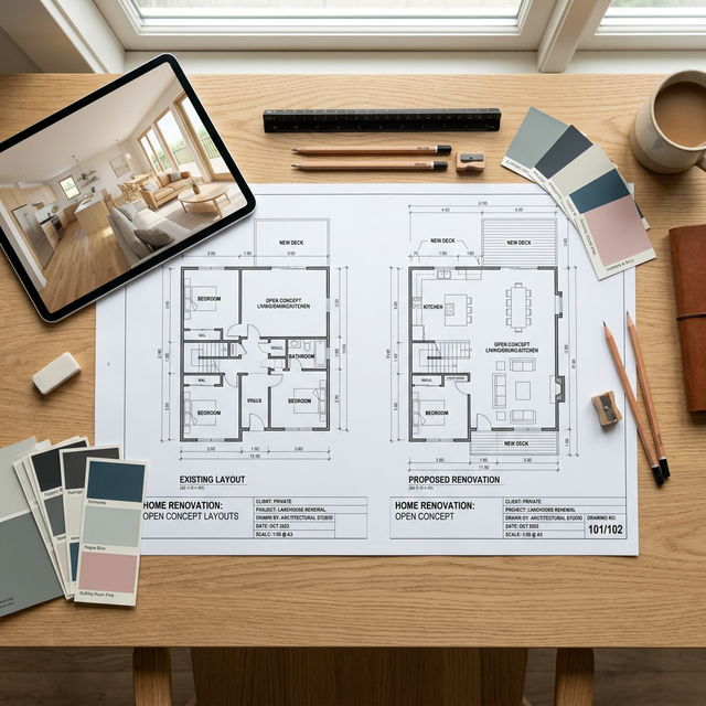 Architectural floor plans showing before and after open concept renovation layouts
