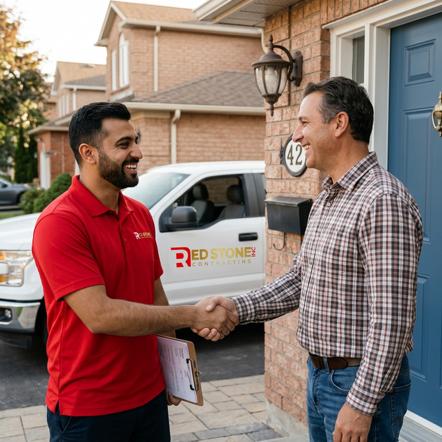 Homeowner shaking hands with Red Stone Contracting professional at front door