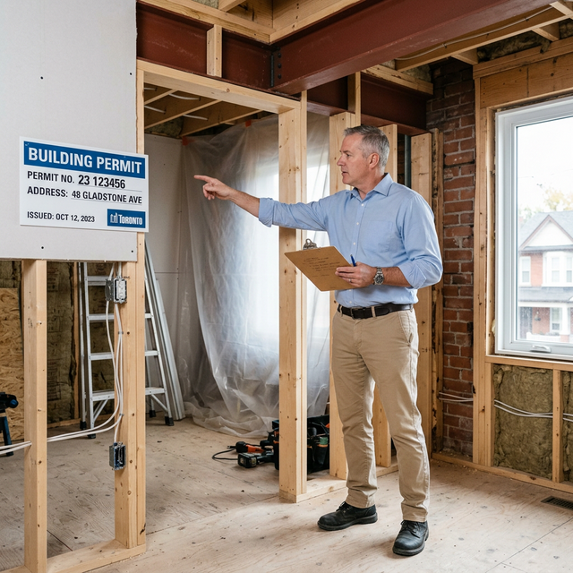 City building inspector reviewing framing work with building permit posted on wall