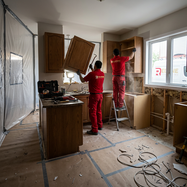 Red Stone Contracting crew demolishing old kitchen cabinets in Oakville home