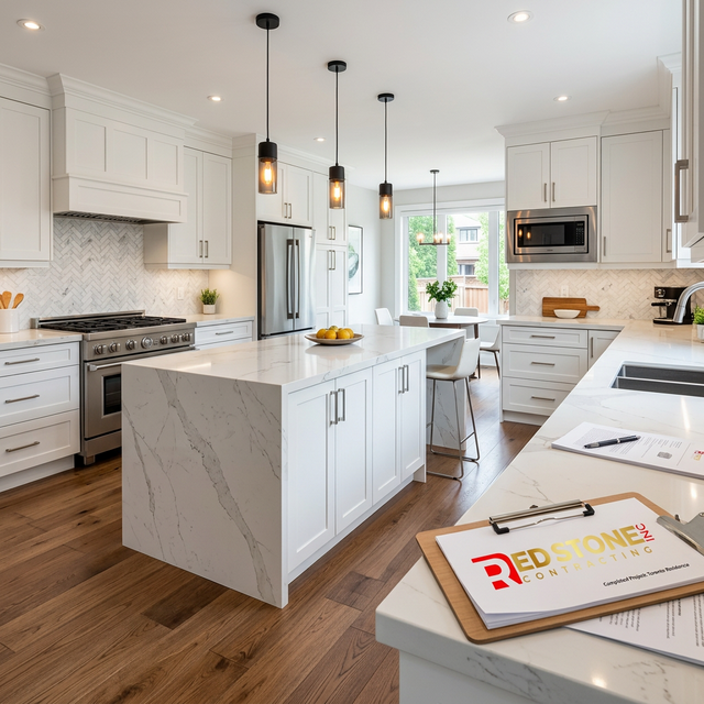 Completed modern kitchen renovation by Red Stone Contracting with white shaker cabinets