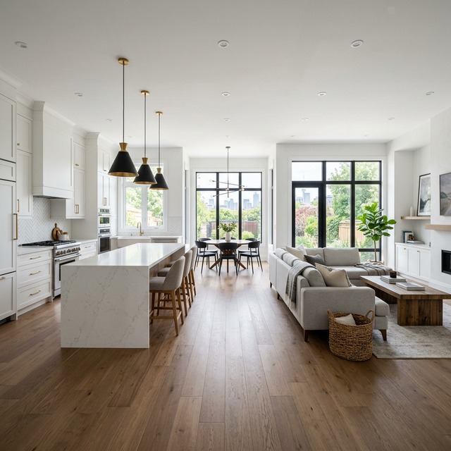 Beautifully finished open concept kitchen and living room in a modern Toronto home