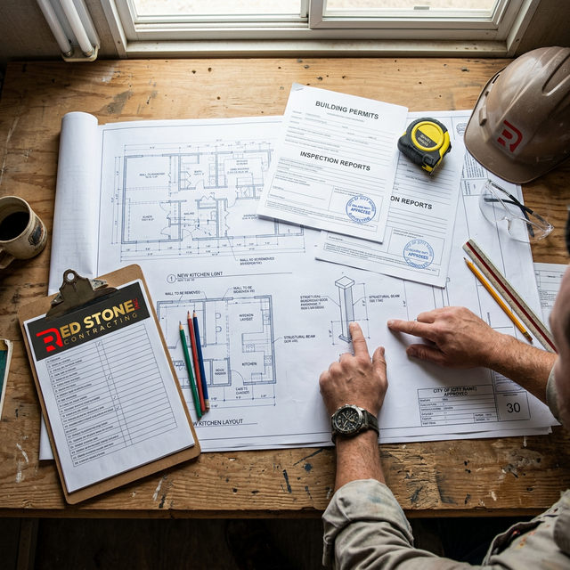Renovation blueprints and building permits on table with Red Stone Contracting clipboard
