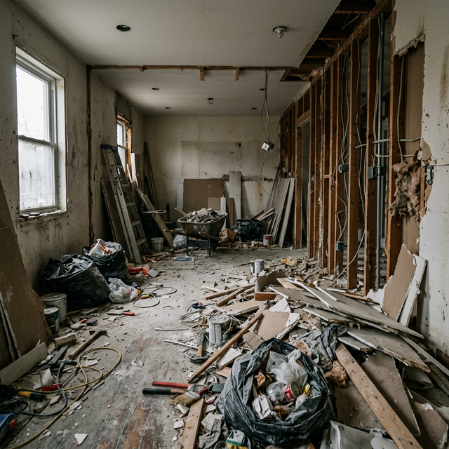 Messy abandoned renovation job site showing signs of a bad contractor