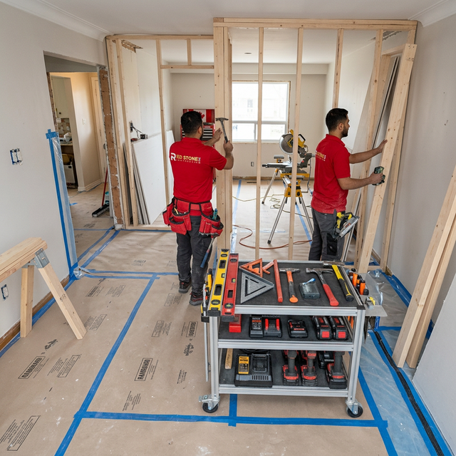 Red Stone Contracting workers framing walls during Toronto home renovation