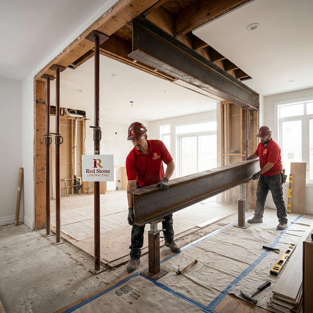 Red Stone Contracting workers installing a steel beam during load-bearing wall removal