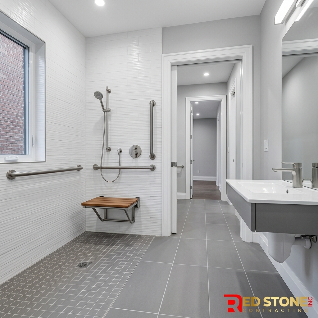 Accessible curbless shower bathroom with grab bars for aging in place in Toronto home