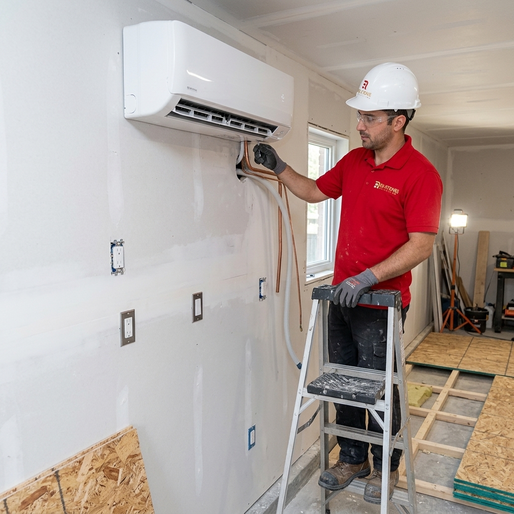 Red Stone Contracting worker installing mini-split heat pump in Toronto garage conversion