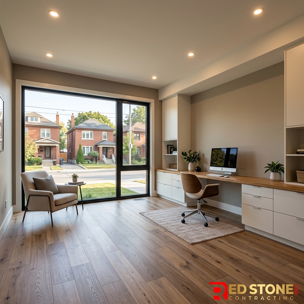 Finished garage conversion home office in Toronto with built-in desk and large windows