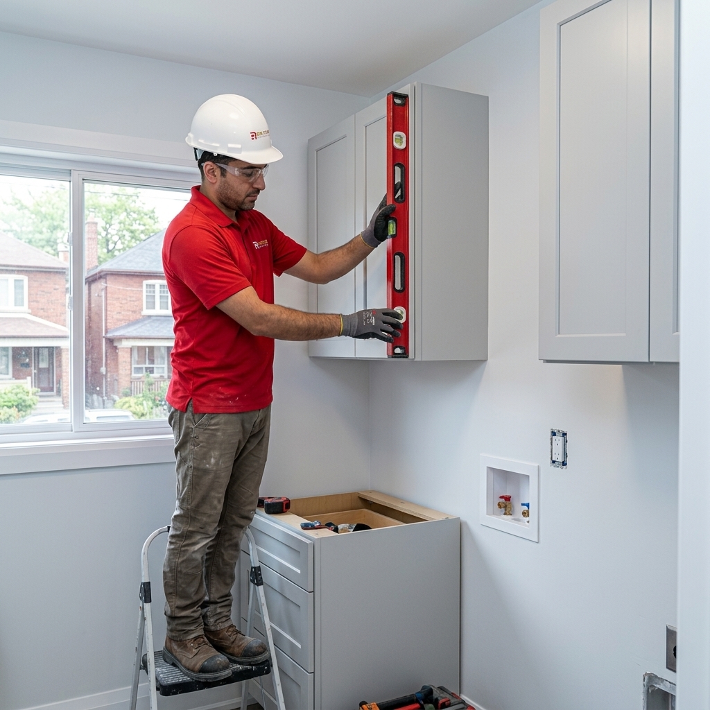 Red Stone Contracting worker installing laundry room cabinets in Toronto home renovation