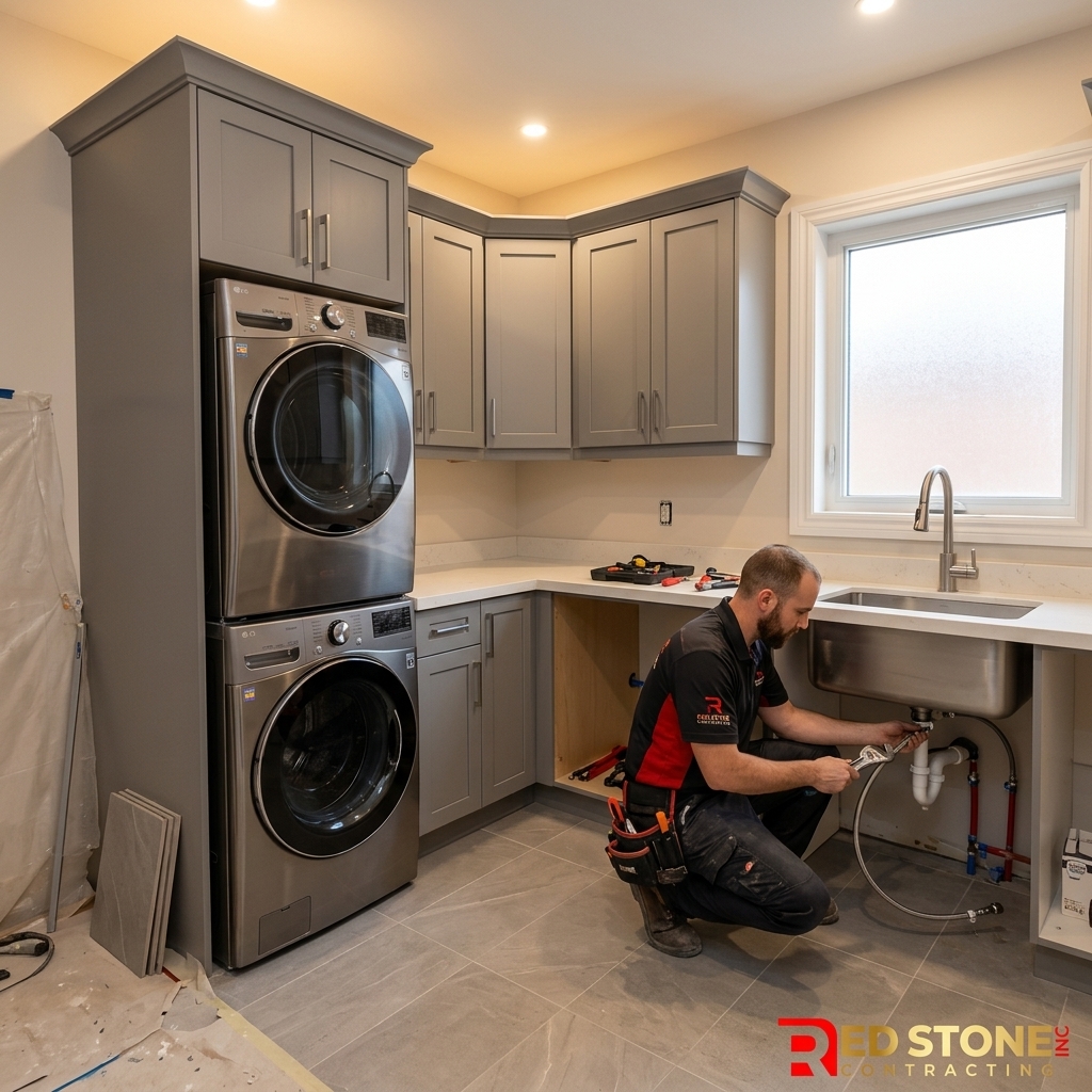 L-shaped laundry room renovation with utility sink installation in Toronto