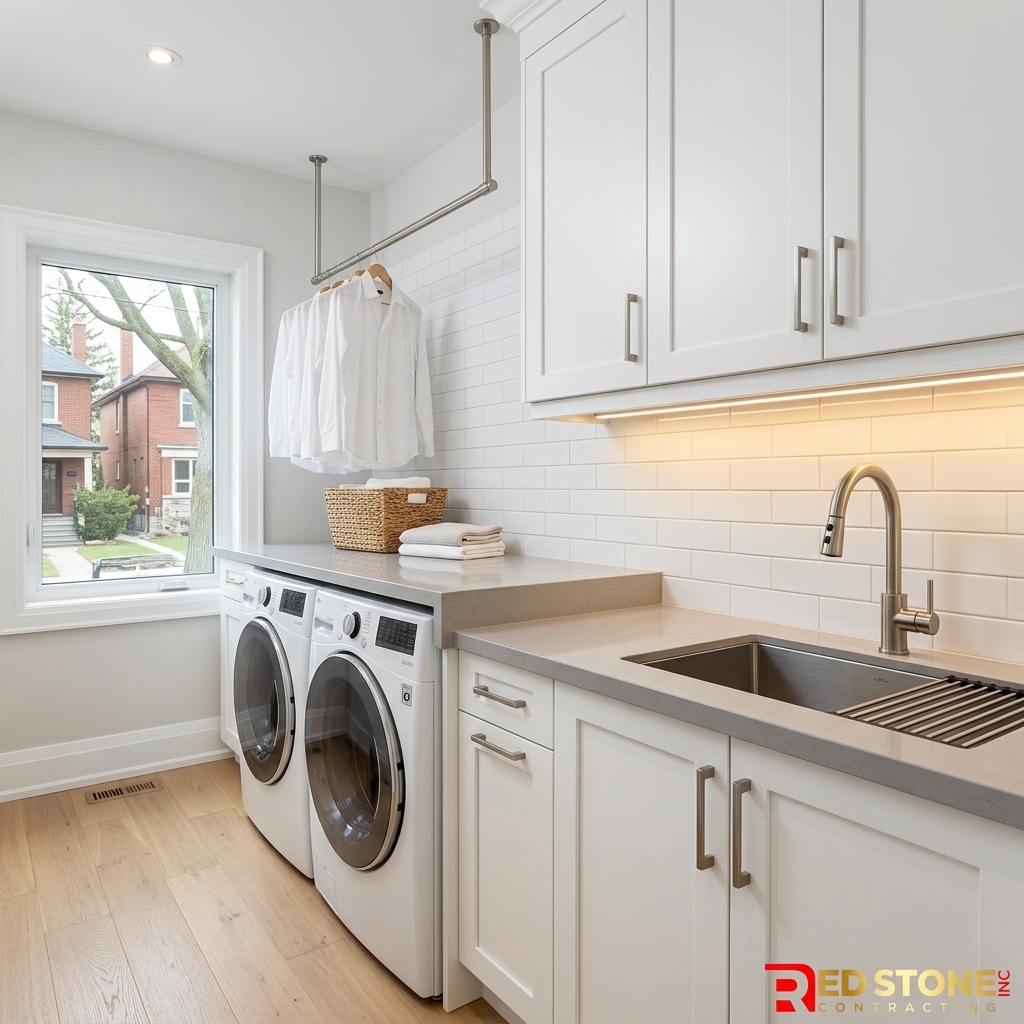 Modern laundry room renovation in Toronto with white cabinets and quartz countertop by Red Stone Contracting