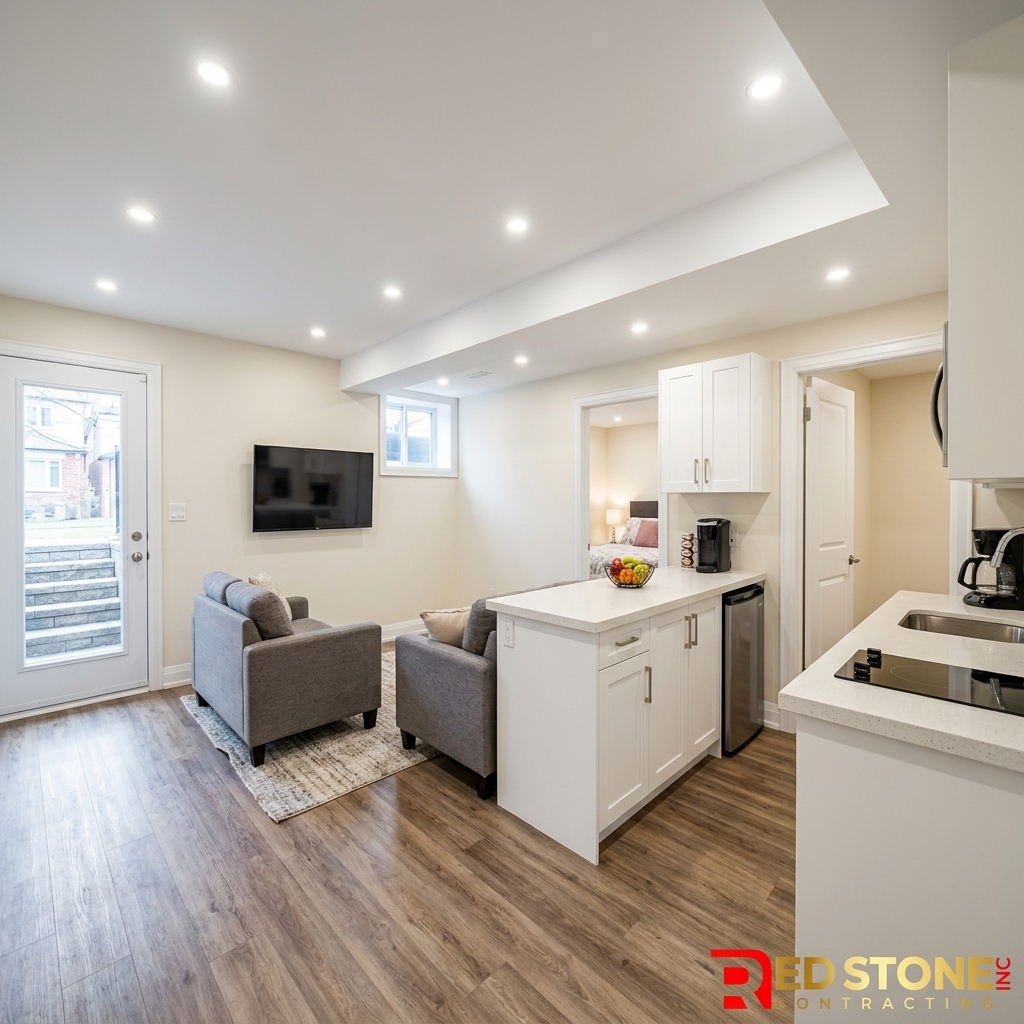 Modern basement in-law suite in Toronto with kitchenette and separate entrance by Red Stone Contracting