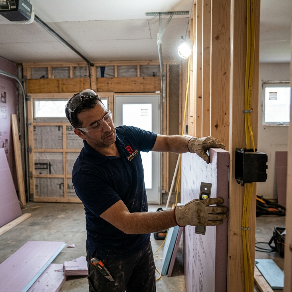 Red Stone Contracting worker installing insulation in garage conversion in Toronto home