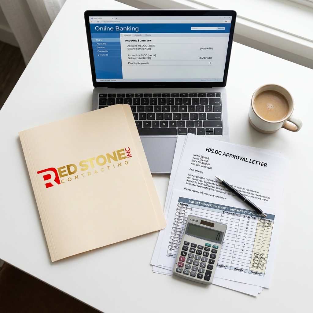 Red Stone Contracting branded folder with HELOC approval letter and renovation budget spreadsheet