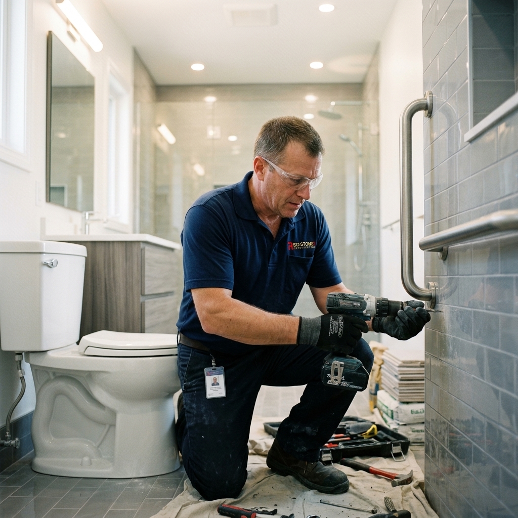 Red Stone Contracting worker installing grab bar in accessible bathroom renovation in Toronto