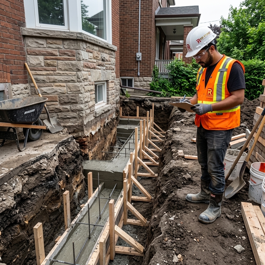 Basement underpinning project in progress in Toronto with Red Stone Contracting worker inspecting excavation