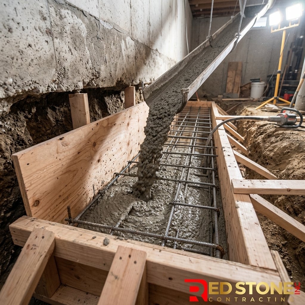 Concrete being poured into formwork during basement underpinning in Toronto
