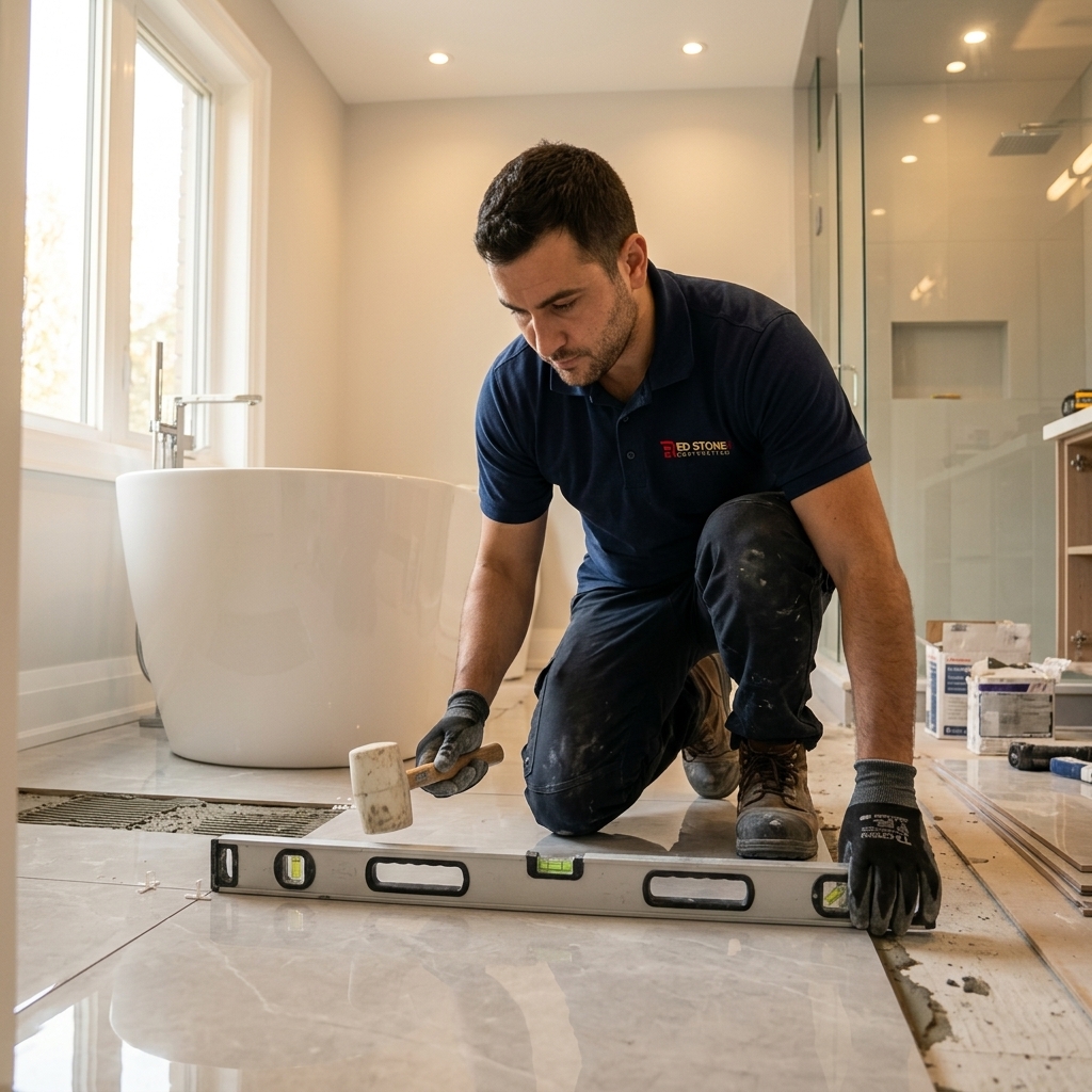 Red Stone Contracting contractor tiling luxury bathroom floor in Toronto home