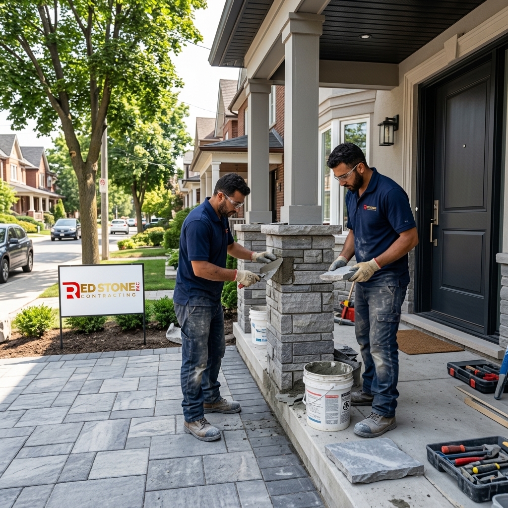 Red Stone Contracting team installing stone veneer on Toronto home exterior with branded yard sign