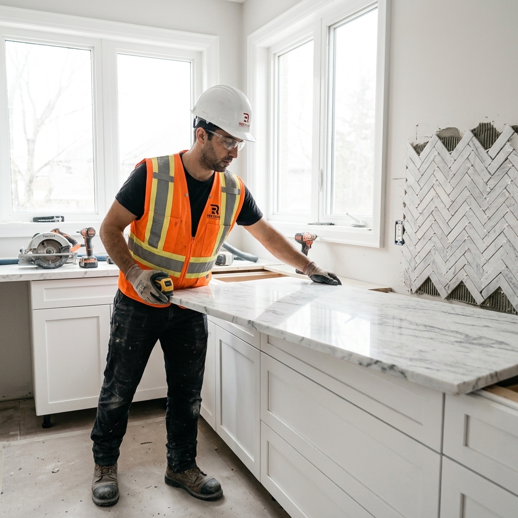 Red Stone Contracting worker installing marble countertop during Toronto kitchen renovation