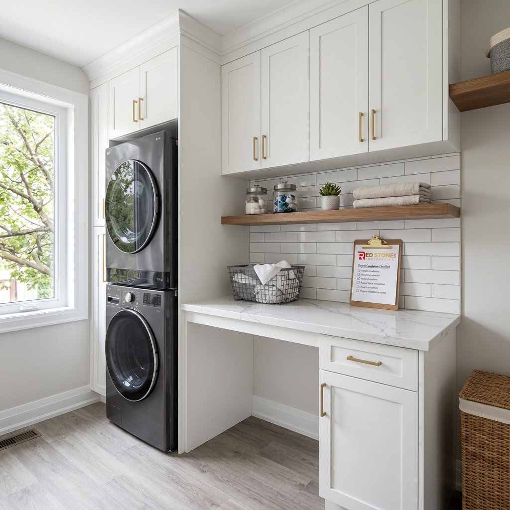 Renovated modern laundry room in Toronto with Red Stone Contracting branded completion checklist on quartz counter