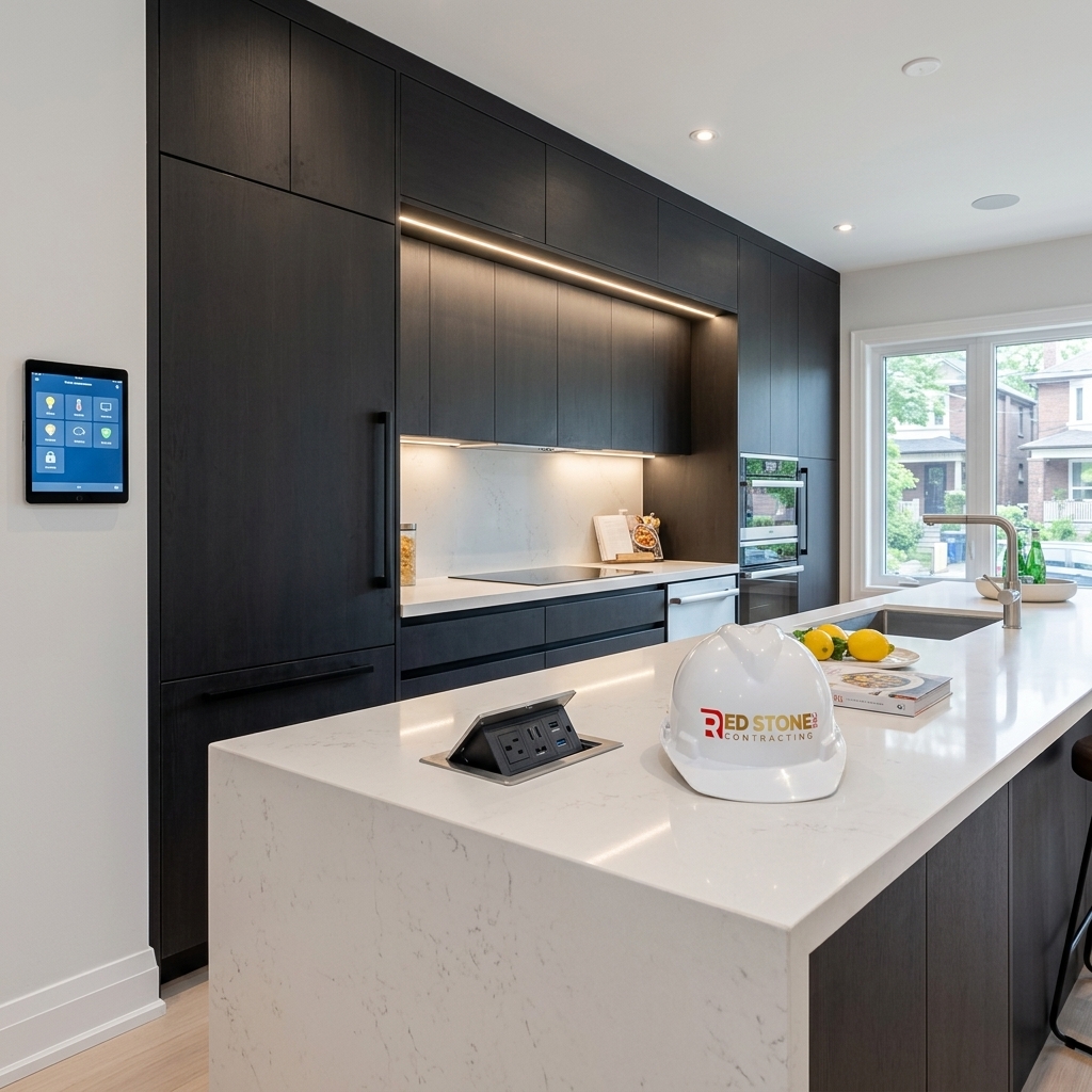 Smart kitchen with automation tablet and Red Stone Contracting branded hard hat in Toronto