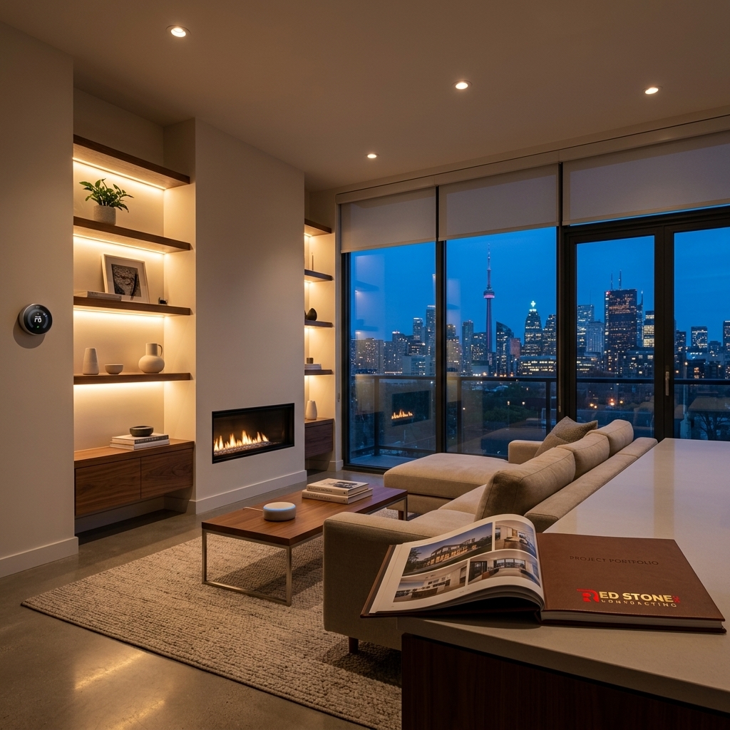 Smart home living room with layered lighting and Red Stone Contracting portfolio book in Toronto