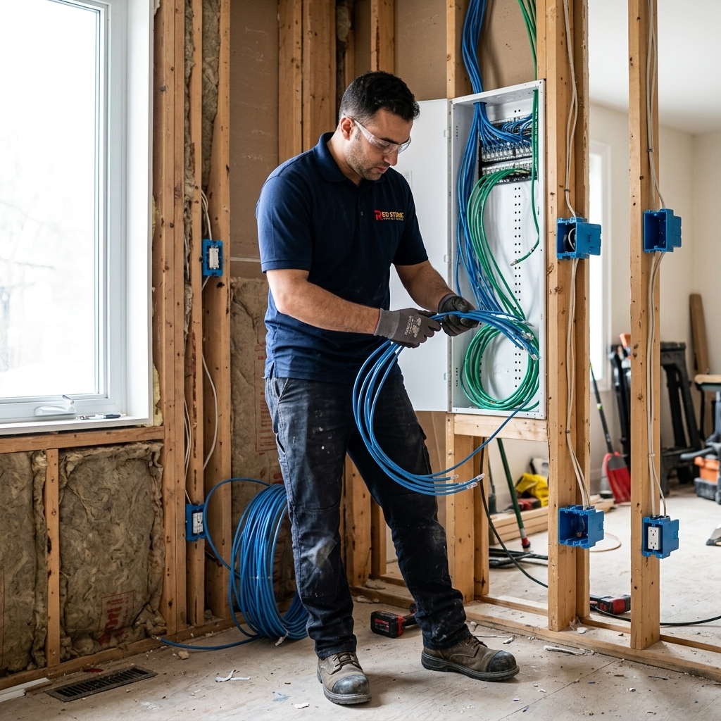 Red Stone Contracting electrician installing structured wiring panel for smart home in Toronto