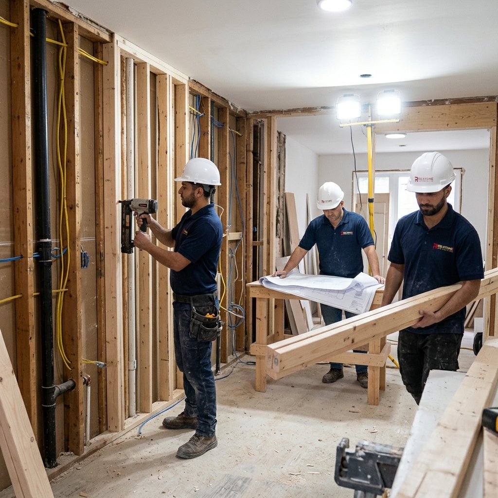 Red Stone Contracting crew of three workers framing walls during whole-home gut renovation in Toronto