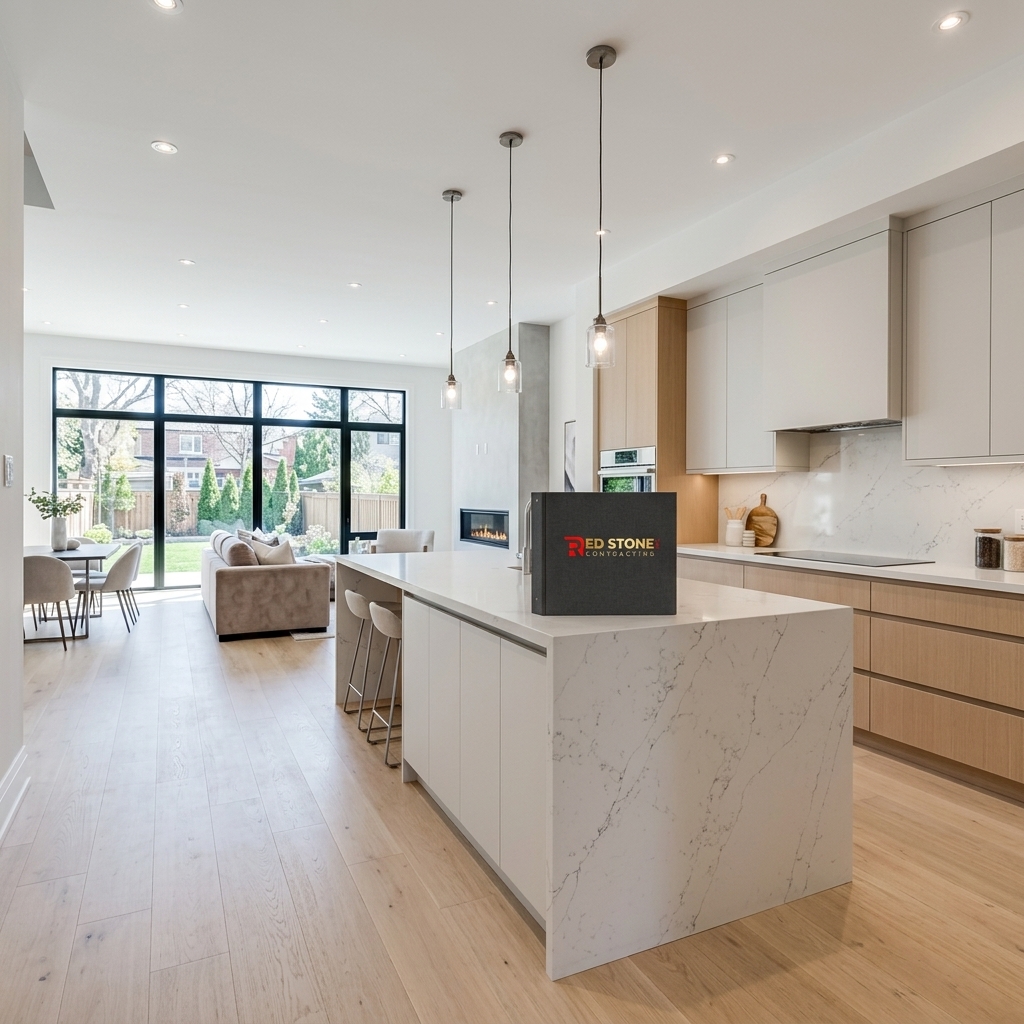 Beautifully finished open concept home after whole-home renovation in Toronto with Red Stone Contracting binder