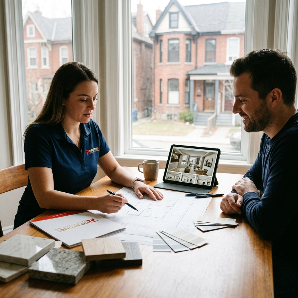 Red Stone Contracting project manager reviewing blueprints and material samples with Toronto homeowner